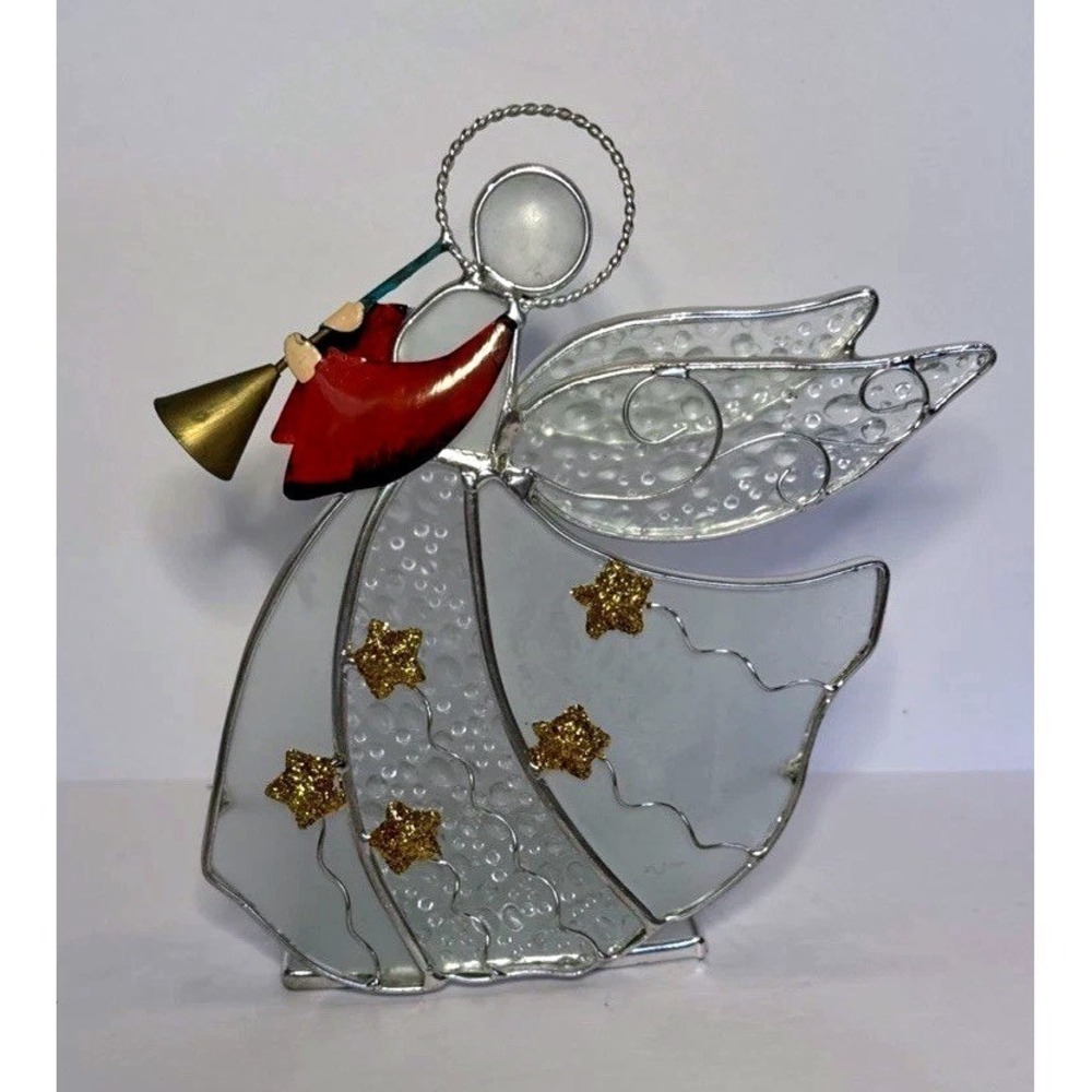 Christmas Stained Glass Angel w Horn Votive Candle Holder Holiday Intl Silver Co
